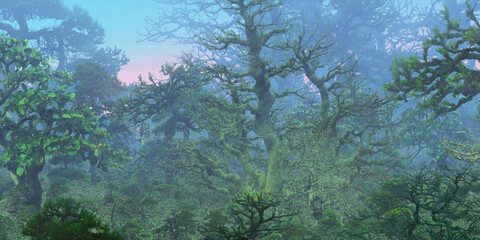 Colorful fantasy forest. Imaginary plants. Dense haze. Vivid concept art scenery. 2d illustration.