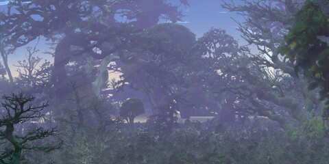Colorful fantasy forest. Imaginary plants. Dense haze. Vivid concept art scenery. 2d illustration.