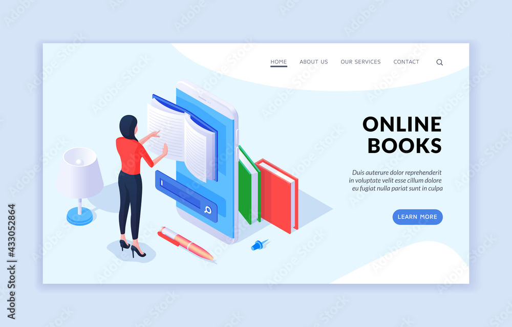 Poster online books concept isometric vector illustration. landing page website banner template. advertisin