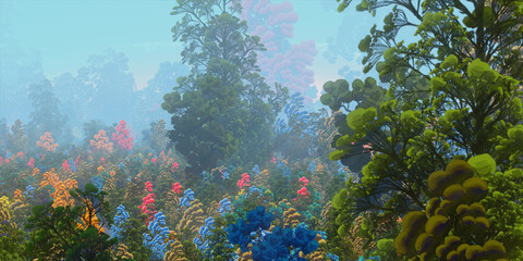 Colorful fantasy forest. Imaginary plants. Dense haze. Vivid concept art scenery. 2d illustration.