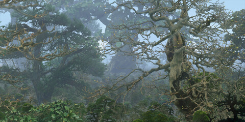 Fototapeta premium Colorful fantasy forest. Imaginary plants. Dense haze. Vivid concept art scenery. 2d illustration.