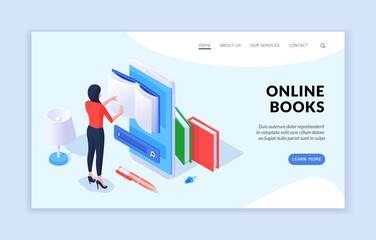 Online books concept isometric vector illustration. Landing page website banner template. Advertising resource of online books with female cartoon character reading using mobile application