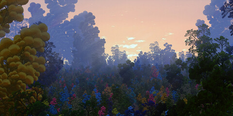 Colorful fantasy forest. Imaginary plants. Dense haze. Vivid concept art scenery. 2d illustration.