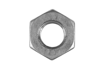 Macro shot metal nut isolated on white background. Chromed screw nut isolated. Steel nut isolated....