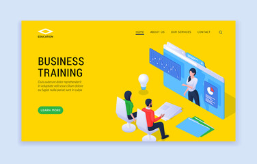 Business training concept isometric illustration. Modern landing website template offering contemporary online business training with professional coach. People taking online courses