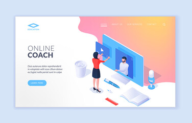 Online coach. Landing page website banner template. Isometric design of modern website banner with colorful icons and people offering course of online coach. Vector illustration