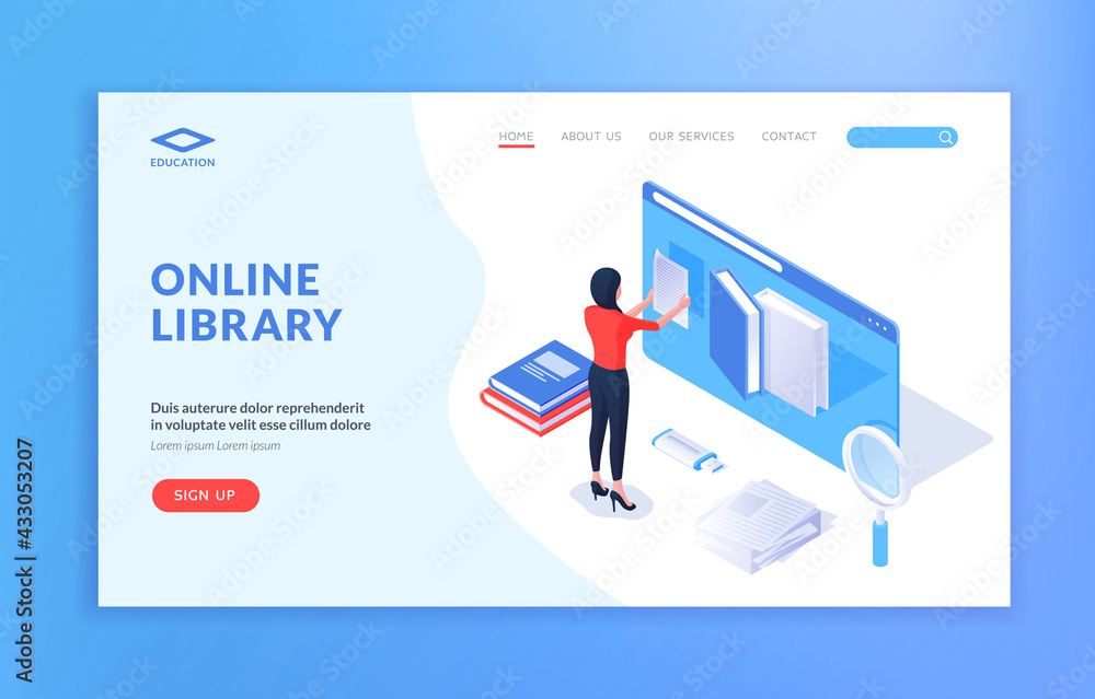 Poster online library concept. isometric vector template of modern landing page with female character using