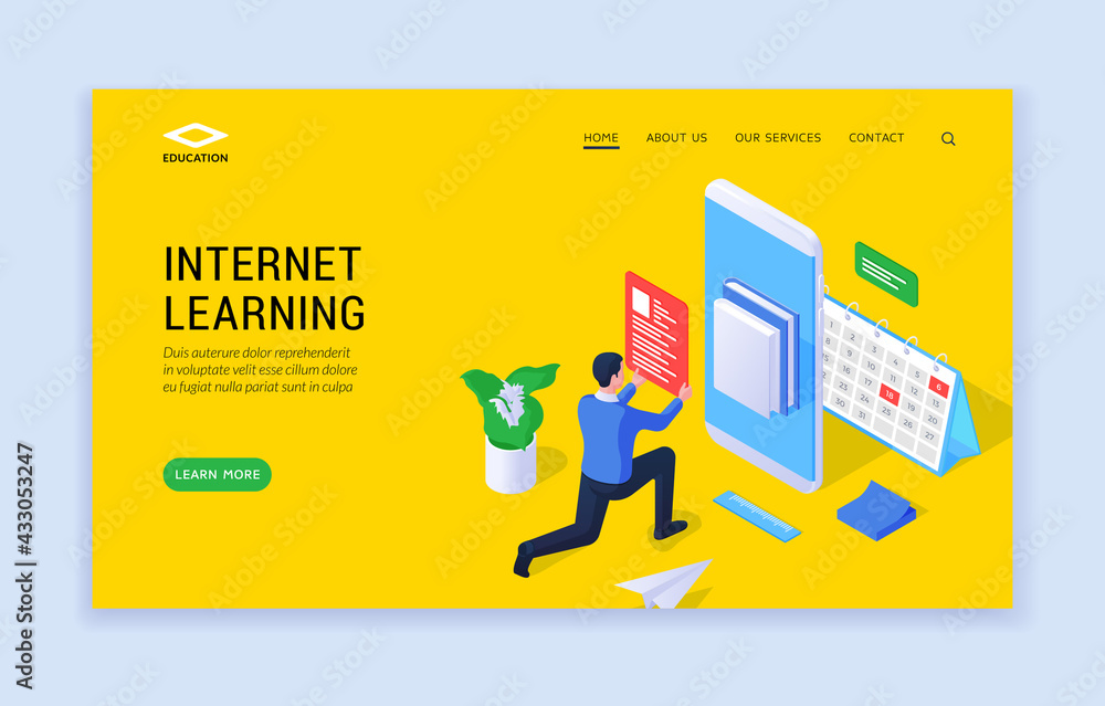 Poster internet learning concept. three dimensional landing page website template with male student using g