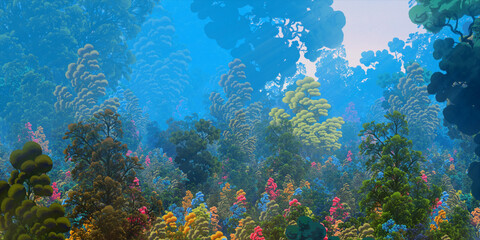 Fototapeta na wymiar Colorful fantasy forest. Abstract imaginary plants. Vivid concept art scenery. 2d illustration.