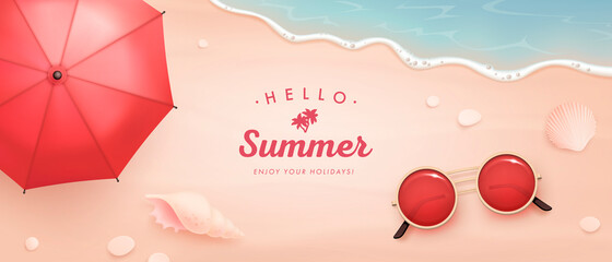 Vector beautiful realistic top view illustration of sandy summer beach with beach umbrella, sunglasses and seashells © AM_art