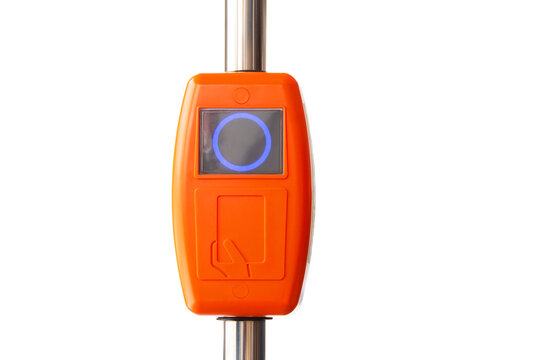 Ticket validator, card reader on public bus, trolleybus, tram. Public Transport card reader and scanner for toll payment, bank card and smartphone. Isolated on white background.