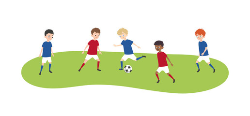 Boys playing soccer game together. Junior football. Vector flat style cartoon illustration.	