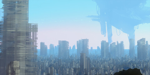 Fototapeta premium Skyscraper ruins. Apocalypse aerial view. Futuristic abandoned city. Calm downtown scene. Financial district remnants.