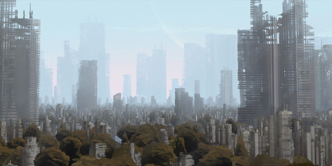 Skyscraper ruins. Apocalypse aerial view. Futuristic abandoned city. Calm downtown scene. Financial district remnants. © Jakub