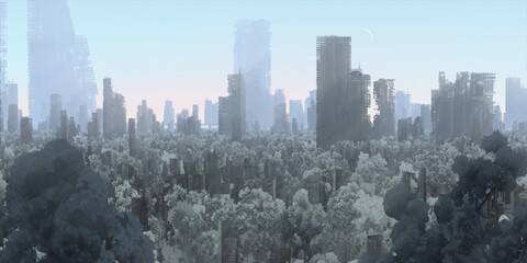 Skyscraper ruins. Apocalypse aerial view. Futuristic abandoned city. Calm downtown scene. Financial district remnants.