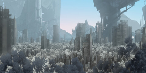 Skyscraper ruins. Apocalypse aerial view. Futuristic abandoned city. Calm downtown scene. Financial district remnants.