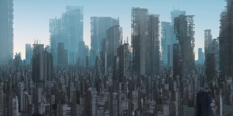 Skyscraper ruins. Apocalypse aerial view. Futuristic abandoned city. Calm downtown scene. Financial district remnants.