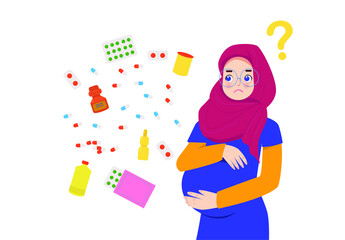 Pregnant muslim woman is tormented by the choice of medicines. Future mom doesn't know what medicines to choose better, what will help. Big choice of medical drugs and vitamin.