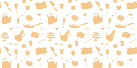 Seamless vector pattern of kitchen accessories. Background or design for a tableware store or an interior magazine. Pot, kettle, plates, cups, glasses 