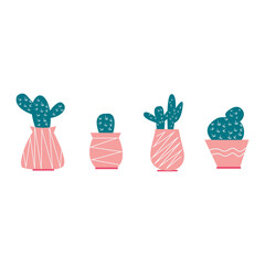 A set of cute pots with homemade cacti. Vector illustration of house plants. 
