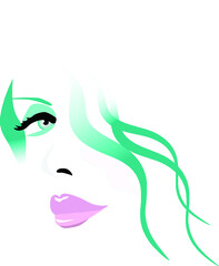 A woman with green hair is featured in a minimalist fashion and beauty illustration.