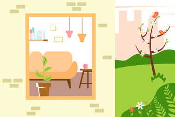 Illustration of a living room with furniture in the window. Cozy interior in a flat style. Spring cute illustration.	