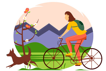 Woman on a bike in the spring forest. Concept illustration of travel, outdoor activities, cycling.