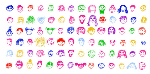 People's faces set. Drawing line. Vector illustration