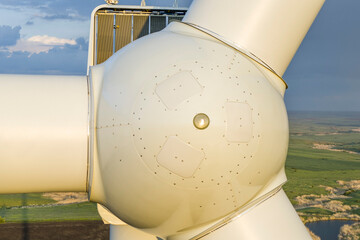 Windmill, wind turbine center - metal parts close-up, aerial view