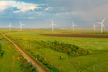 Wind power plant, beautiful landscape from above
