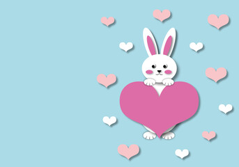 Rabbit holding a pink heart with hearts all around on pastel blue background, Valentine, Birthday, Women, Mother, Father, Easter, Wedding, poster, paper cut style.
