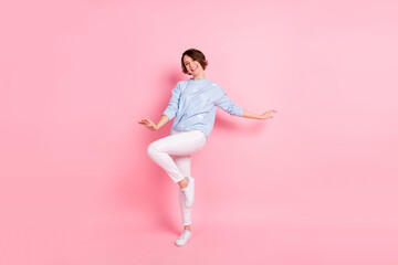 Fototapeta na wymiar Full size photo of young beautiful charming lovely dreamy girl dancing enjoying weekend isolated on pink color background