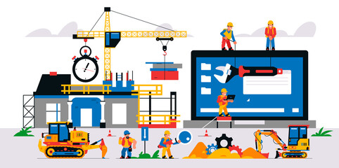 Website development at a construction site. Vector illustration with elements of construction equipment and service personnel. Website development and maintenance. Stopwatch, magnifier, wrench