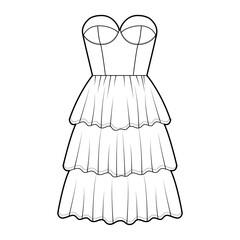Strapless dress bustier technical fashion illustration with fitted body, 3 row knee length ruffle tiered skirt. Flat garment apparel front, white color style. Women, men, unisex CAD mockup