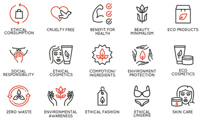 Vector Set of Linear Icons Related to Ethical Consumption and Eco Products. Mono line pictograms and infographics design elements