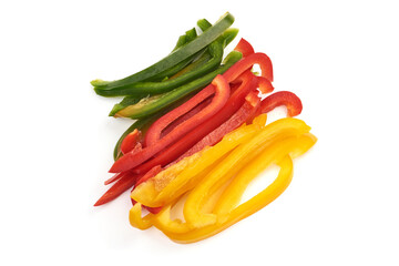 Sliced red, green, yellow bell pepper, isolated on white background. High resolution image