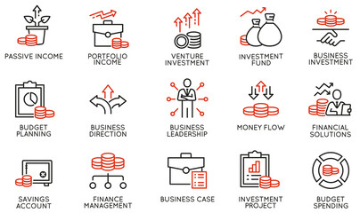 Vector Set of Linear Icons Related to Business investment, Trade Service, Investment Strategy and Finance Manegement. Mono Line Pictograms and Infographics Design Elements