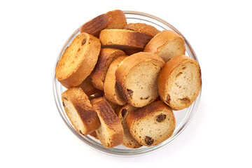 Freshly baked rusks with raisins, isolated on white background. High resolution image