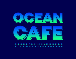 Vector stylish logo Ocean Cafe. Creative glossy Font. Gradient Alphabet Letters and Numbers set