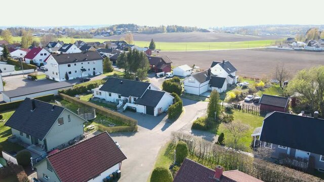 Small suburban neighborhood in Norway aerial 4k