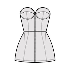 Zip-up tube dress technical fashion illustration with bustier, strapless, fitted body, mini length skirt. Flat garment apparel front, grey color style. Women, men unisex CAD mockup