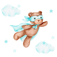 Flying teddy bear in super hero costume; watercolor hand drawn illustration; can be used for kid posters or cards; with white isolated background