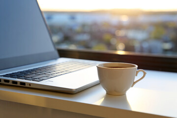 Cozy workplace in home office with hot coffee cup and laptop on table against the window at sunrise. Good morning, concept of remote work and earning online