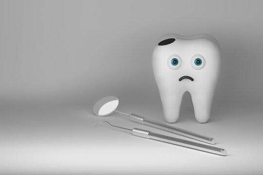 Medical dental illustration with sad cartoon character one tooth and dental utensils on white background. Image with copy blank space