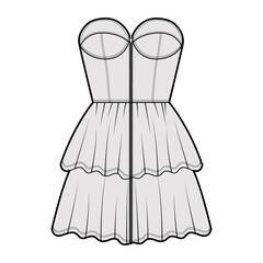 Zip-up bustier dress technical fashion illustration with strapless, fitted body, 2 row mini length ruffle tiered skirt. Flat apparel front, grey color style. Women, men unisex CAD mockup