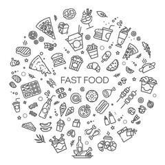 Fast food vector outline icons set. Cooking