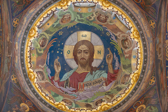 Christ Pantocrator under central dome - detail of the Russian Orthodox Church of the Savior on Spilled Blood in Saint Petersburg, Russia