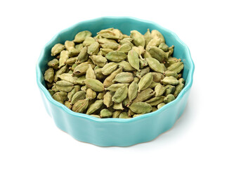 Green cardamom pods on white background