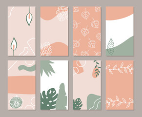 Set of abstract backgrounds for social media posts and stories, promotional content, banners and cover design templates. Hand drawn freeform shapes, leaves and tropical flowers.
