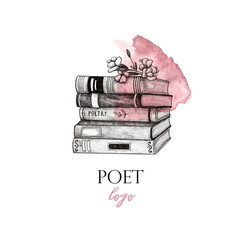Poet logo. Books, flowers and pink watercolor spot on white isolated background	